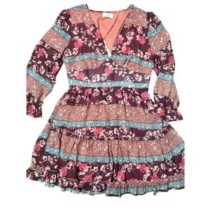 Sage The‎ Label Floral Tiered Cottagecore Mini Dress Long Sleeve Boho V Neck M